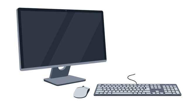 Desktop computer setup including a large flat screen monitor, a wired keyboard, and a wireless mouse on a white background for office workers.