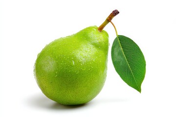 Glittering Green Pear with Leaf Isolated on White Backdrop Studio Shot