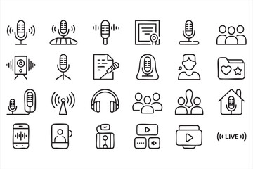 Digital Audio And Podcasting Outline Icons With Microphone Streaming And Voice Recording Concepts