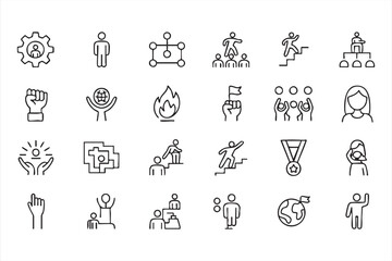 Business Leadership And Team Collaboration Line Icons With Achievement Goal And Motivation Concepts