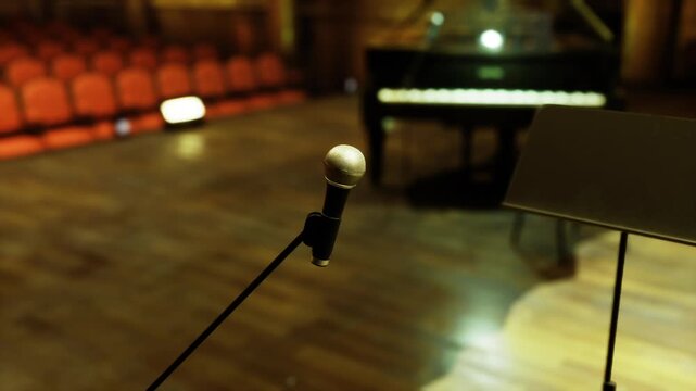 Empty stage with microphone and piano, warm bokeh lights and plush red seats create intimate rehearsal atmosphere, music stand in foreground and grand piano