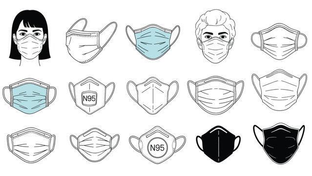 Comprehensive collection of protective face mask types including surgical, N95, and fabric masks shown individually and on people.