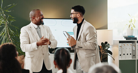 Applause, award and laughing with business men in office for achievement or congratulations. Funny,...