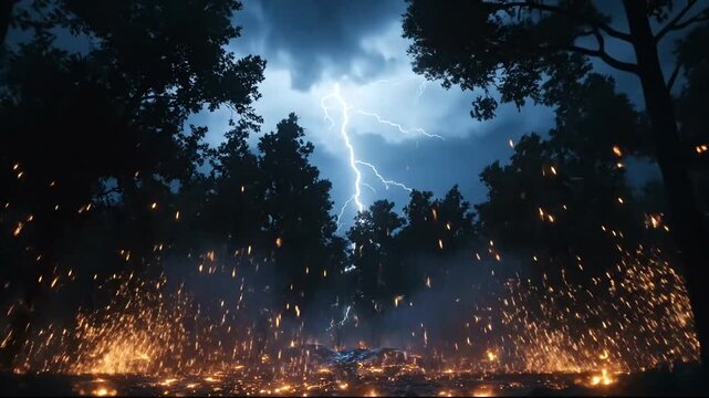 Dramatic lightning strike with explosions in forest