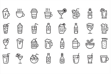 Drinks And Beverage Vector Icons With Coffee Wine Beer Milkshake And Cocktail Glasses