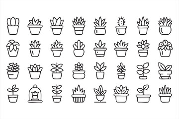 Indoor Gardening Outline Icons Featuring Houseplants Succulents Flower Pots And Botanical Symbols
