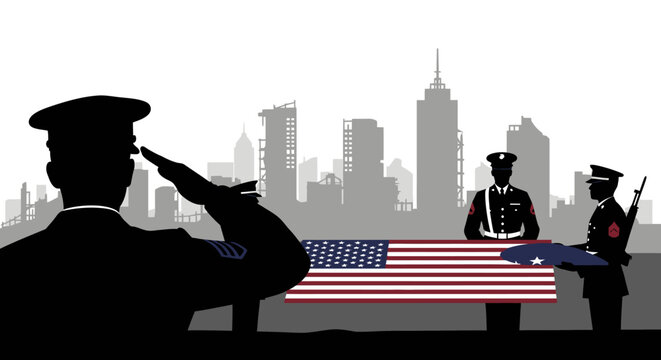 Military Funeral Ceremony with American Flag and City Skyline Silhouette