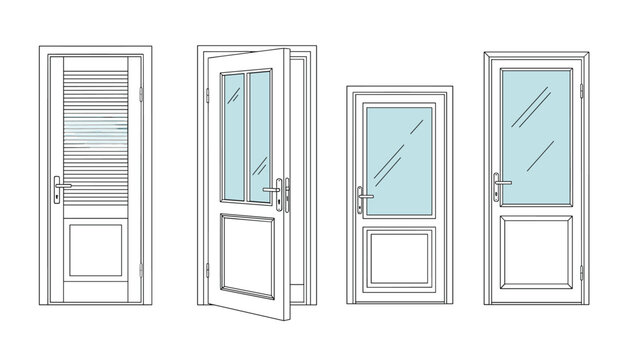 Set of modern door designs featuring glass panels and different styles suitable for home interiors or commercial building entrances.