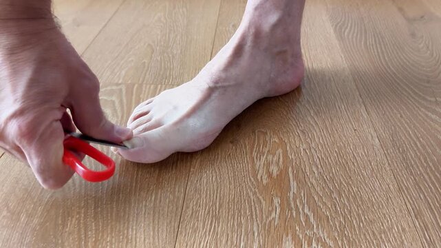 Hand using red nail clipper to trim toenails on wooden floor, highlighting personal grooming, hygiene, and routine foot care for neat and healthy appearance