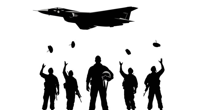 Military Paratroopers Jumping From Jet, Silhouette of Soldiers and Aircraft