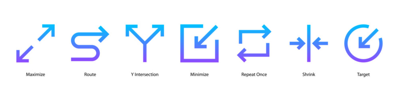 Path and Targets web banner icon vector illustration featuring Maximize, Route, Y Intersection, Minimize, Repeat Once, Shrink, and Target.