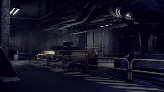 Shuttered subterranean clinic with stacked beds and empty trolleys, overhead ventilation ducts and cool bluish lighting, postshutdown ambience and silent halls