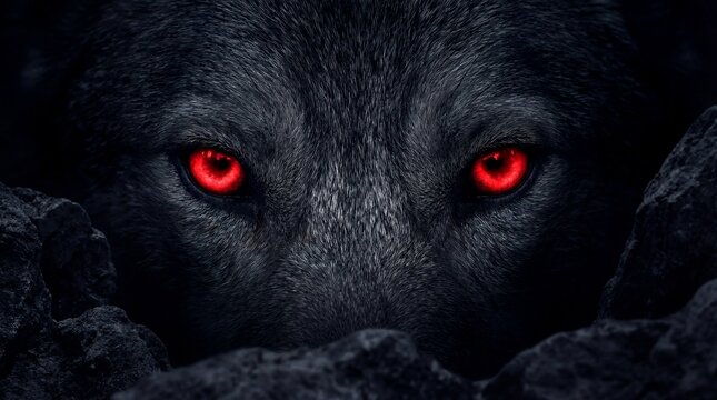 Close-up sinister monster red eyes concept. A close-up of a wolf's intense red eyes peering from the darkness.