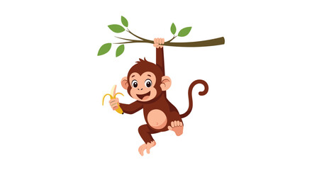 Obraz premium Playful brown monkey hanging from a tree branch with one hand and holding a peeled banana with the other.