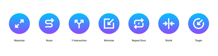 Fototapeta premium Path and Targets web banner icon vector illustration featuring Maximize, Route, Y Intersection, Minimize, Repeat Once, Shrink, and Target.