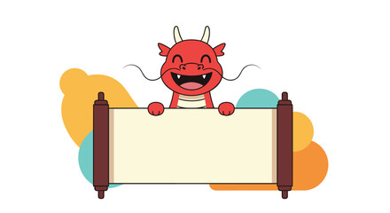 Fototapeta premium Cute red dragon character holding a blank traditional paper scroll for chinese new year or oriental festival message.