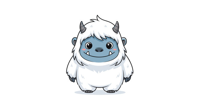 Cute yeti or abominable snowman character with small horns and a friendly smile isolated on white background.