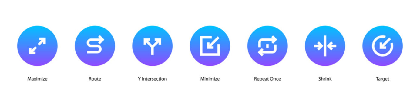 Path and Targets web banner icon vector illustration featuring Maximize, Route, Y Intersection, Minimize, Repeat Once, Shrink, and Target.
