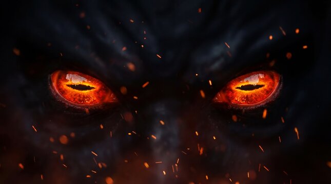 Close-up sinister monster red eyes concept. A close-up view of fiery, glowing eyes in darkness.