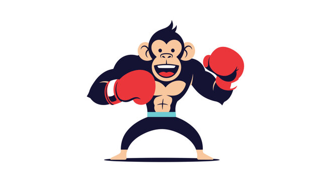 Strong monkey boxing athlete with large red gloves and muscular body isolated on white background for sports design.