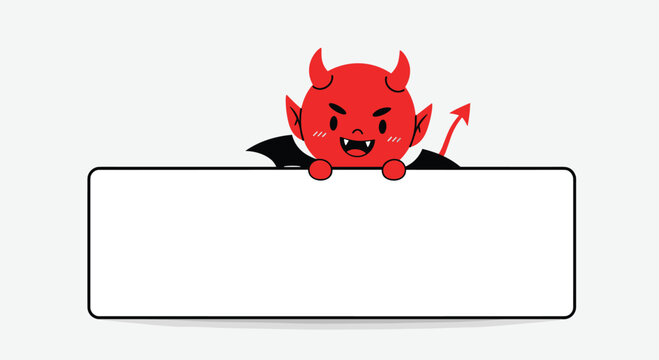 Cute little red devil character with horns and wings holding a blank white sign for scary halloween message.