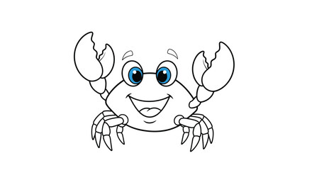Fototapeta premium Friendly line art illustration of a smiling crab with its claws raised up for a fun coloring activity.