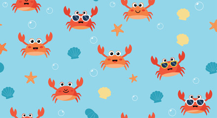 Naklejka premium Colorful summer seamless pattern featuring cute crabs, starfish, shells, and bubbles over a light blue background.