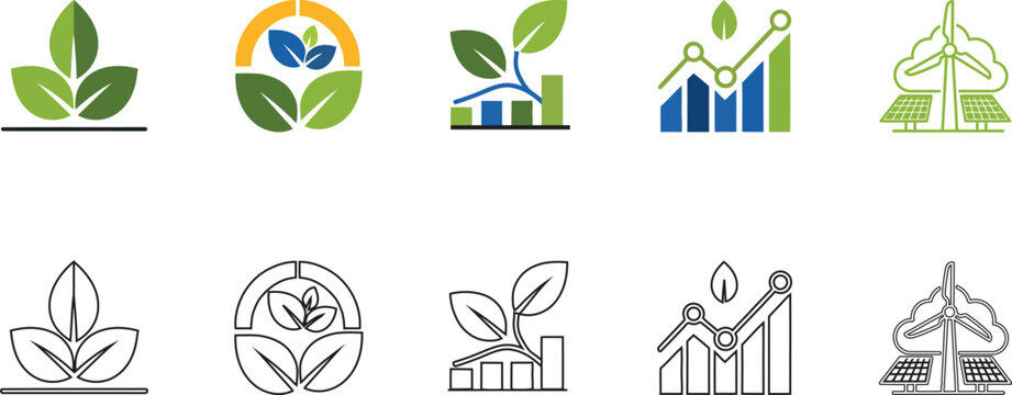 Collection of eco friendly and sustainable logos and green, blue icon
