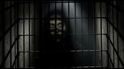 Close-up sinister monster red eyes concept. A haunting image of a person behind bars, evoking feelings of fear.