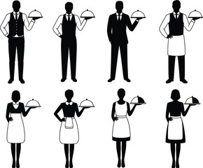 Black waiter waitress silhouettes, restaurant staff vector, serving tray icons, hospitality design elements, uniform styles, food service art, catering decor