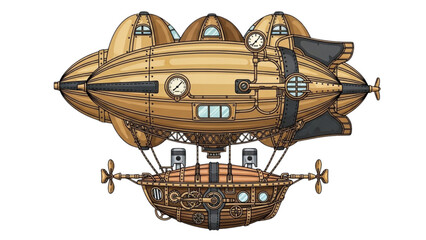 A steampunk airship floats in the sky with a copper-colored envelope. © Stock Image Paradise