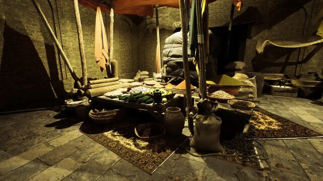Nocturnal spice stall overflowing baskets sacks under warm light, vendor silhouette behind table arranging piles of turmeric cumin and grains on woven trays,