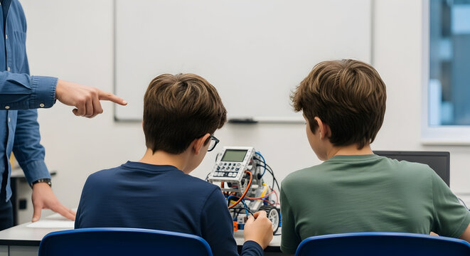 Two Boys Engaged in a Robotics Project Under the Guidance of a Teacher in a Classroom Setting Focused on Learning and Innovation