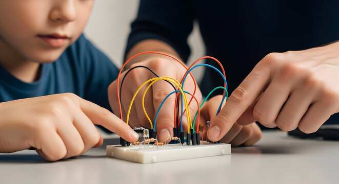 Child Engaging in Hands-On Electronics Project with Parent Developing Skills in Circuit Assembly and Software Integration at Table