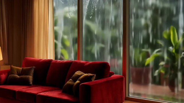 Cozy Living Room with Red Sofa by Window During Heavy Rain