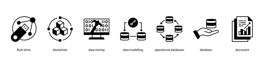 Digital Infrastructure web banner icon vector illustration featuring Flash Drive, Blockchain, Data Mining, Data Modelling, Operational Databases, Database, and Document.