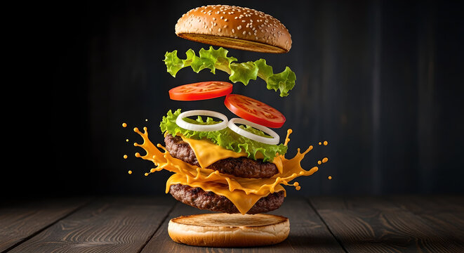 An exploding burger showcasing fresh ingredients mid air including lettuce tomato onion cheese and a juicy patty