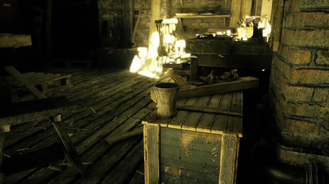 Warm crafting atmosphere. Rustic workspace featuring warm drink and oil stains. Chipped ceramic mug resting on wooden crate among tools and craft ambiance
