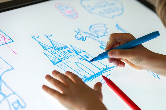 Child Engaged in Colorful Drawing on Interactive Screen Using Blue and Red Markers Creating Imaginative Castle and Dragon Illustrations