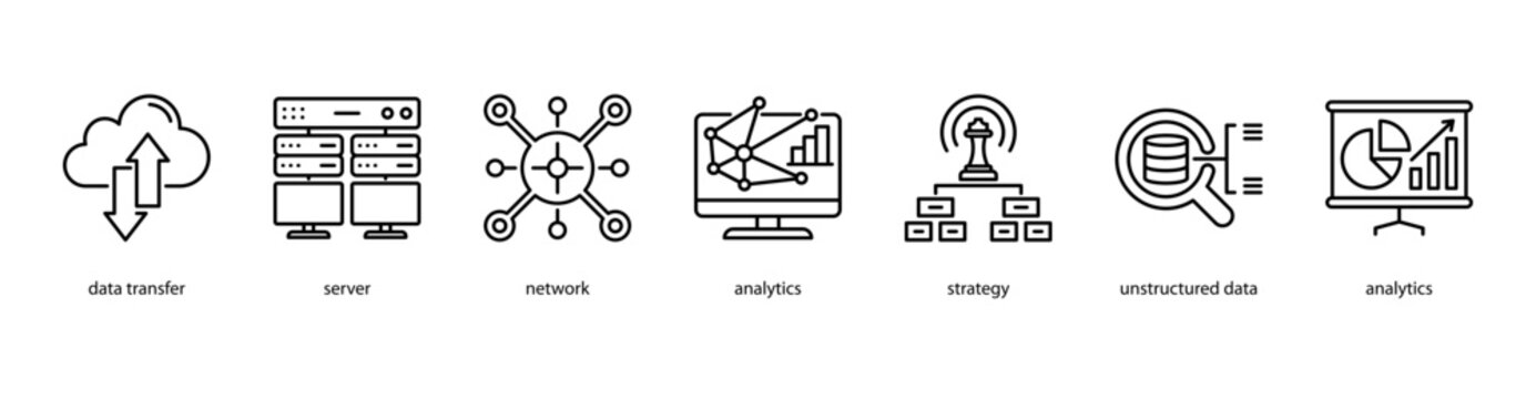 Advanced Analytics web banner icon vector illustration featuring Data Transfer, Server, Network, Analytics, Strategy, Unstructured Data, and Analytics.