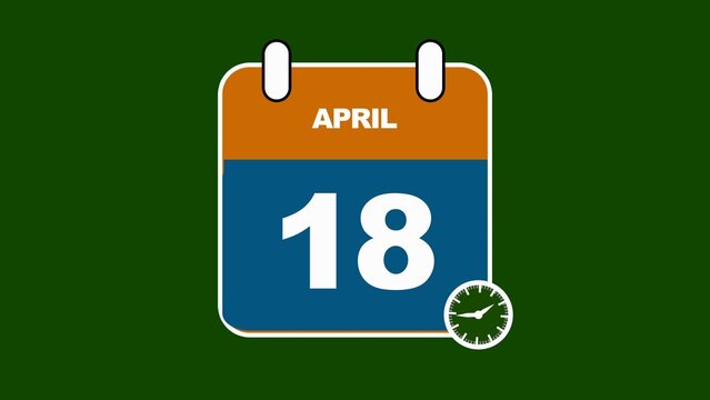 April 18th Calendar Icon with a Clock Graphic on a Green Background eighteenth date