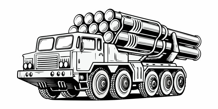 Military Multiple Rocket Launcher Truck Artillery Vehicle Line Art Illustration