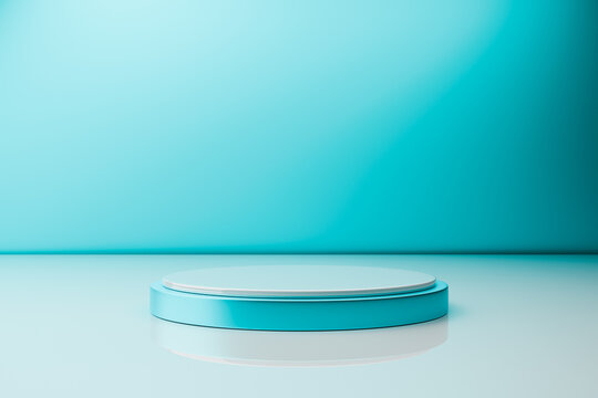 Teal podium platform on two tone blue background
