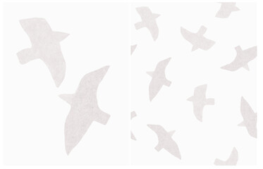Hand Drawn Vector Illustration And Seamless Patterns with Flying Bird Silhouettes in Minimalist Style. Gray Abstract Flying Birds On an Off White Background, Ideal For Poster, Card, Wallpaper.