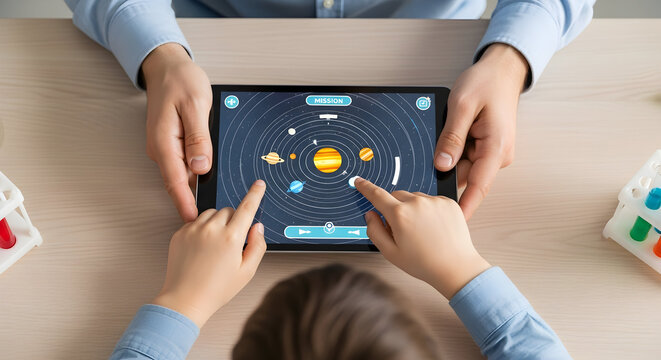 Parent And Child Engaging With Educational Space Exploration Game On Tablet Displaying Planets And Stars In Interactive Learning Environment