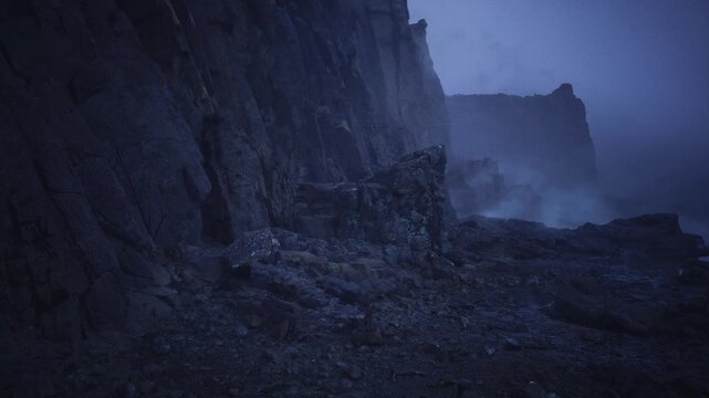 foggy cliff approach leading toward distant rocky spire, layered rock faces receding into haze, textured foreground of loose stones and tidal pools, cinematic