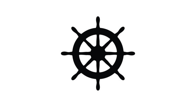 A simple black silhouette of a ship s steering wheel on a white background
