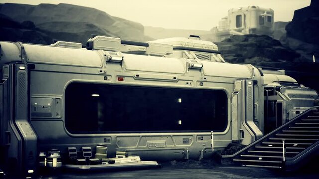 Canyon habitat outpost at golden dusk showcasing metallic modular units with external stairs and dark observation window, cargo crates and utility conduits,