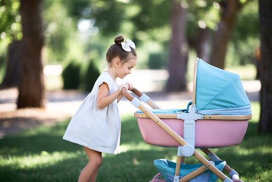 A young girl is pushing a doll stroller in a park.