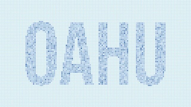 Oahu dotted map animation. Digital style shape of the island. Oahu shape and title blue dots appear with flickering effect. USA. Modern Intro, outro, title, logo video.